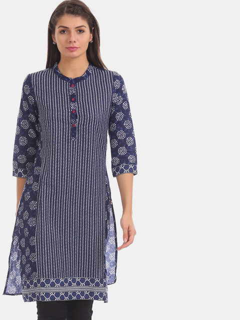 

Karigari Women Navy Blue & White Ethnic Motifs Printed Straight Kurta