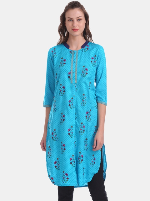 

Karigari Women Blue Floral Printed Kurta