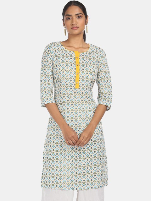 

Karigari Women White Floral Printed Mirror Work Kurta