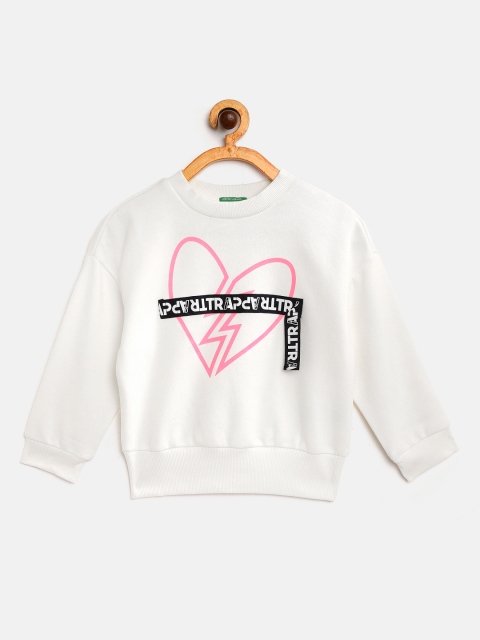 

United Colors of Benetton Girls White & Pink Graphic Printed Sweatshirt with Taping Detail