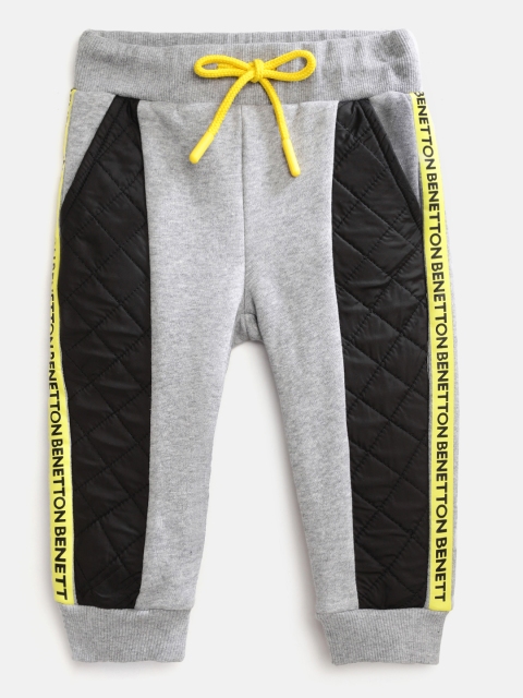 

United Colors of Benetton Boys Grey Melange & Black Quilted Brand Logo Print Joggers