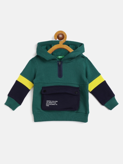 

United Colors of Benetton Boys Green & Navy Blue Colourblocked Hooded Sweatshirt