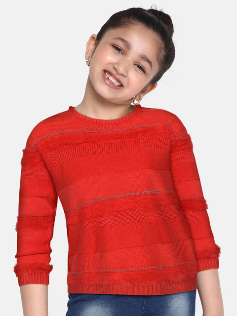 

United Colors of Benetton Girls Red Self-Striped Pullover with Fuzzy Detail