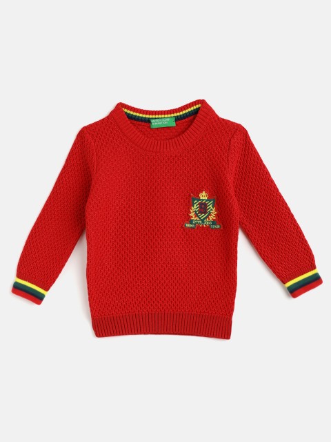 

United Colors of Benetton Boys Red Pure Cotton Self-Design Pullover with Applique Detail