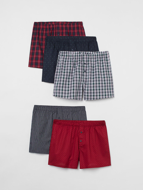 

H&M Men Pack Of 5 Woven Pure Cotton Boxer Shorts, Red