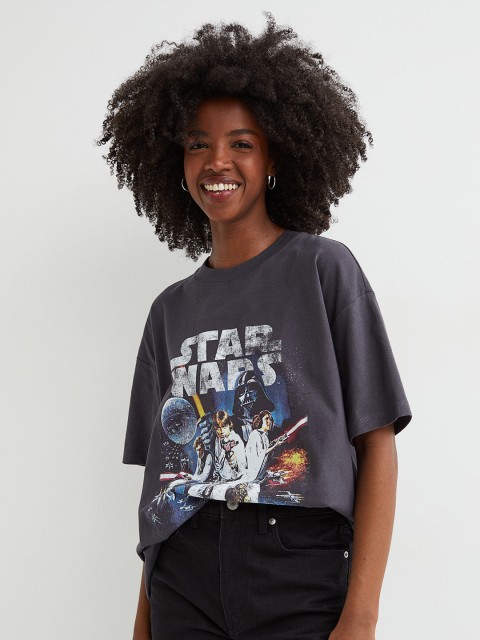 

H&M Women Grey Star Wars Printed Cotton Oversized T-shirt