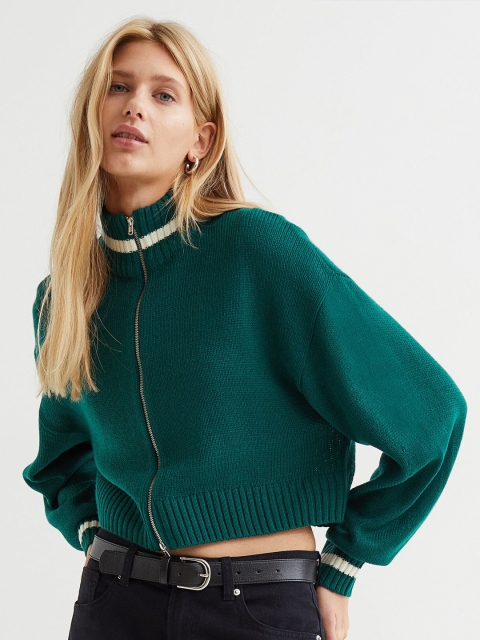 

H&M Women Green Zip-Up Jumper