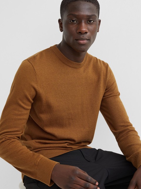 

H&M Men Brown Solid Cotton Fine-knit Jumper