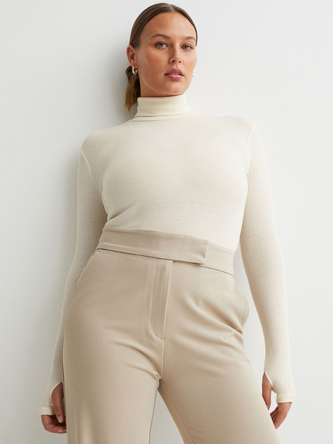 

H&M Women Off White Ribbed Polo-Neck Body