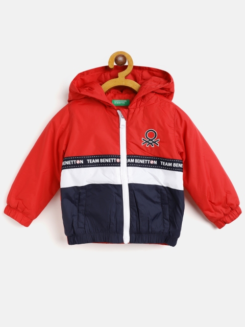 

United Colors of Benetton Boys Red & Navy Blue Colourblocked Hooded Padded Jacket