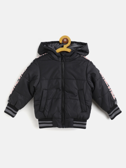 

United Colors of Benetton Boys Black Hooded Bomber Jacket with Printed Sleeves