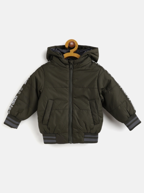 

United Colors of Benetton Boys Olive Green Hooded Bomber Jacket with Printed Sleeves