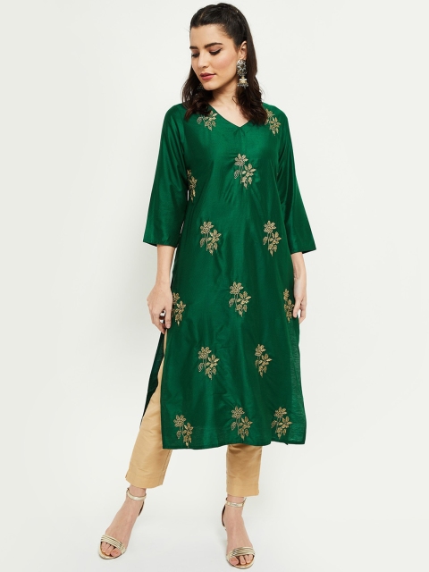 

max Women Green Floral Embroidered Flared Sleeves Thread Work Kurta