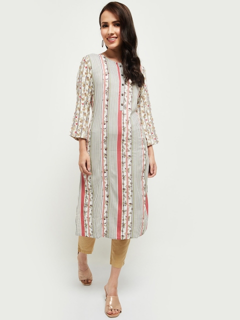 max Women Off White & Green Ethnic Motifs Printed Kurta