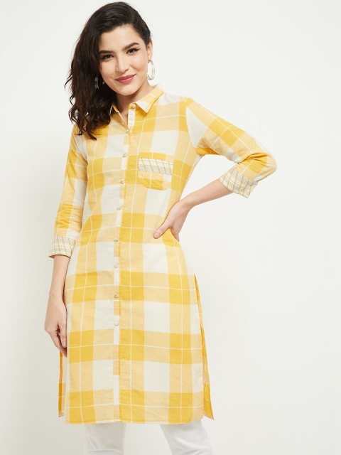 

max Women Yellow & White Checked Pure Cotton Kurta