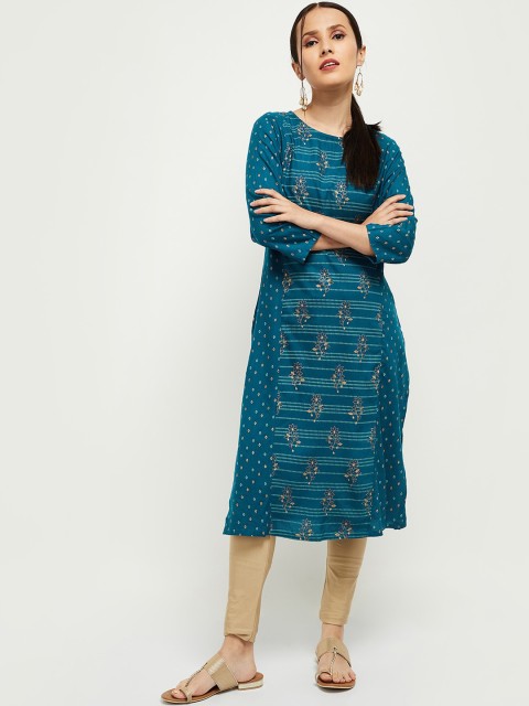 

max Women Teal Bandhani Printed Kurta