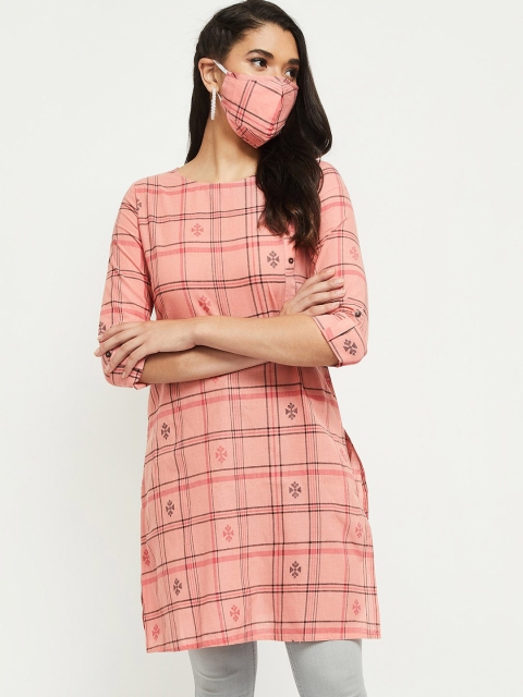 

max Women Peach-Coloured & Black Checked Pure Cotton Kurta With Mask