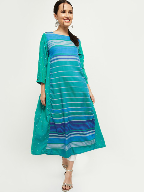 

max Women Green & Blue Striped Kurta
