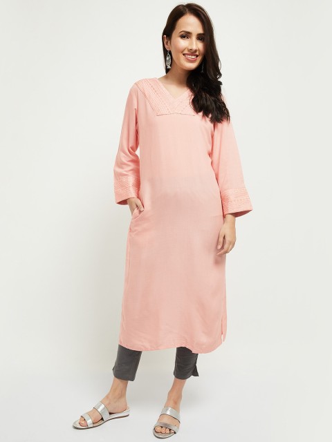 

max Women Peach-Coloured Thread Work Kurta