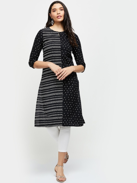 max Women Black & White Bandhani Printed Keyhole Neck Kurta