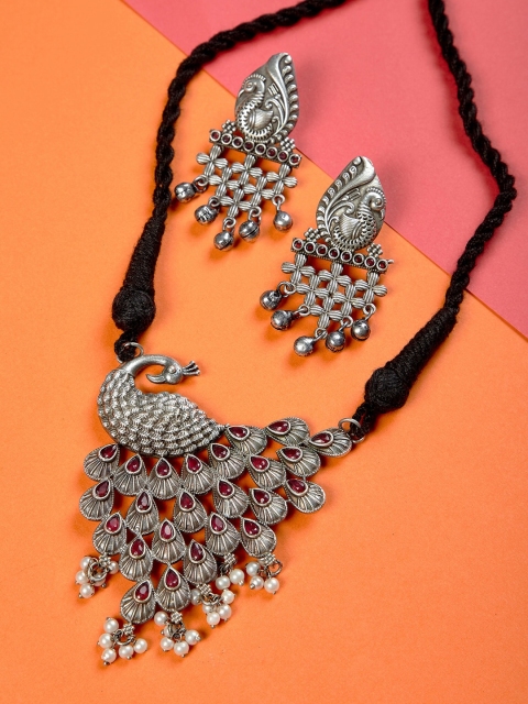 

GloBox By ZeroKaata Silver-Plated Oxidised Gemstones-Studded Peacock Jewellery Set