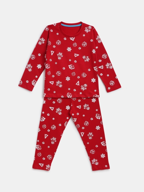 

YK Girls Red & White Printed Pure Cotton Night suit