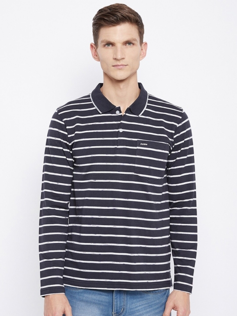 

Adobe Men Navy Blue & White Striped Polo Collar Pockets Cotton T-shirt
