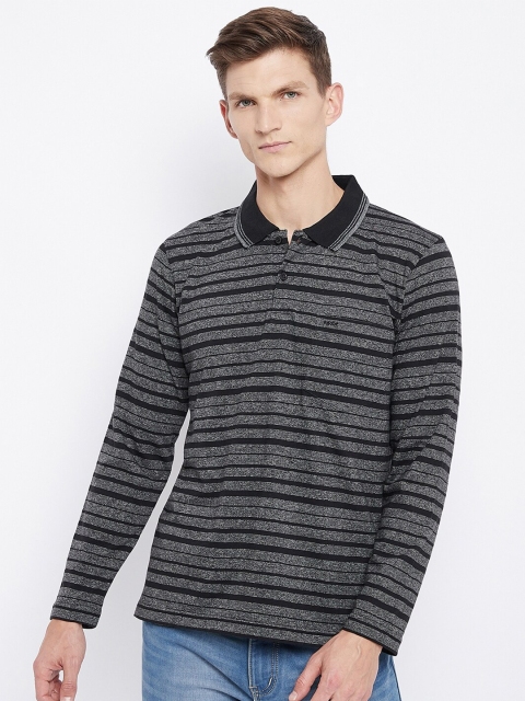 

Adobe Men Black Striped Polo Collar Pockets Cotton T-shirt