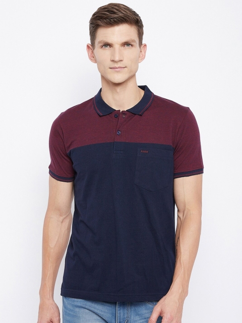 

Adobe Men Navy Blue & Maroon Colourblocked Polo Collar Pockets Cotton T-shirt