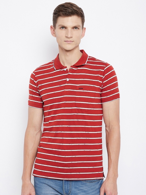 

Adobe Men Rust & White Striped Polo Collar Pockets Cotton T-shirt