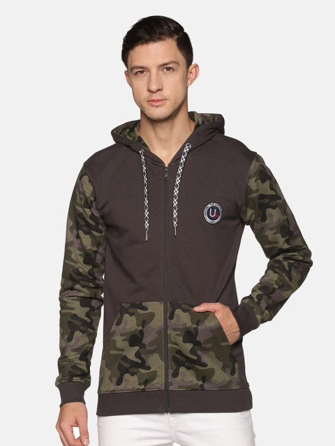 

UrGear Men Olive Green & Grey Camouflage Printed Hooded Sweatshirt