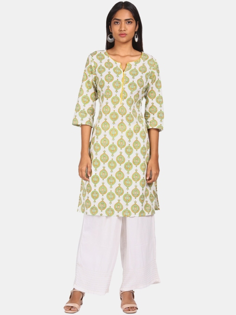 

Karigari Women Off White & Green Ethnic Motifs Printed Kurta