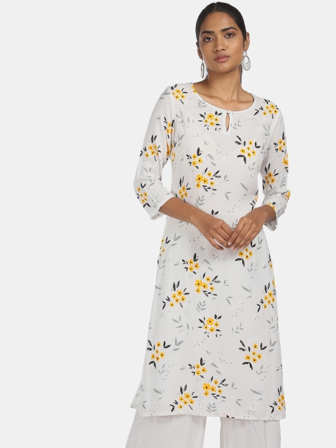 

Karigari Women White Floral Striped Flared Sleeves Thread Work Kurta