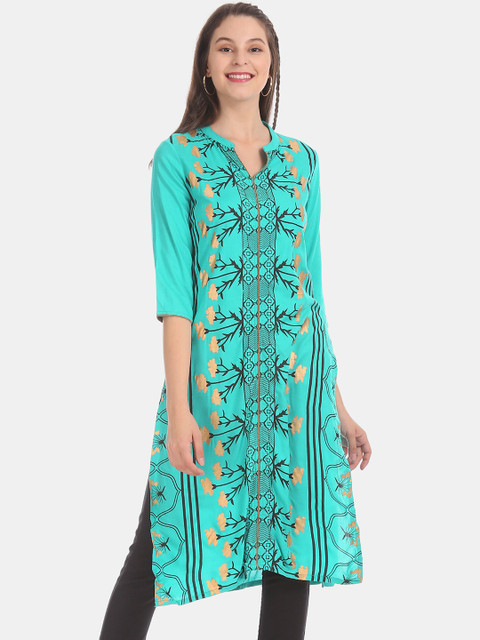 

Karigari Women Green Floral Striped Keyhole Neck Mirror Work Kurta