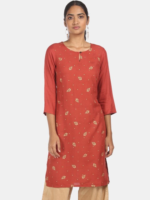 

Karigari Women Red Floral Printed Keyhole Neck Kurta