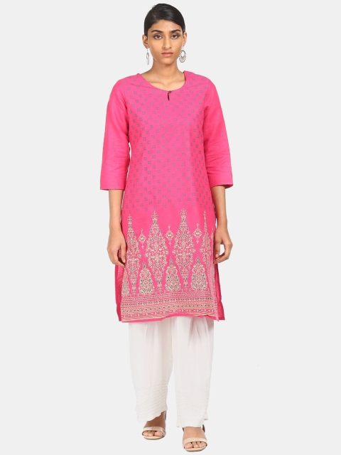 

Karigari Women Pink & Blue Ethnic Motifs Printed Straight Kurta