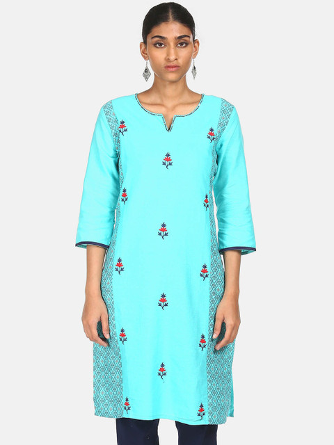 

Karigari Women Turquoise Blue Floral Embroidered A-Line Kurta