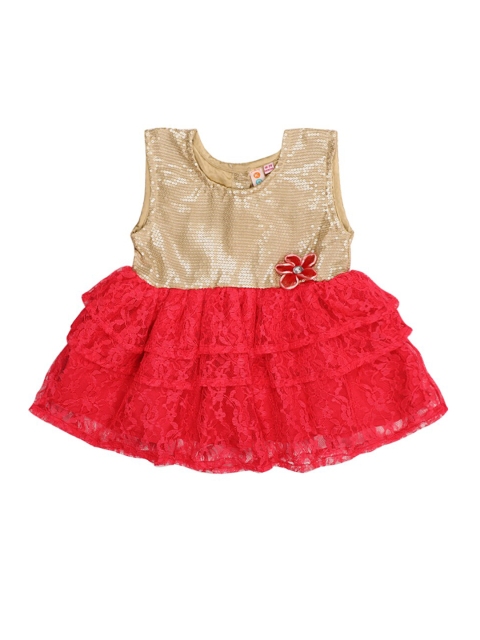 

Kids On Board Peach-Coloured & Gold-Toned Embellished Fit & Flared Dress