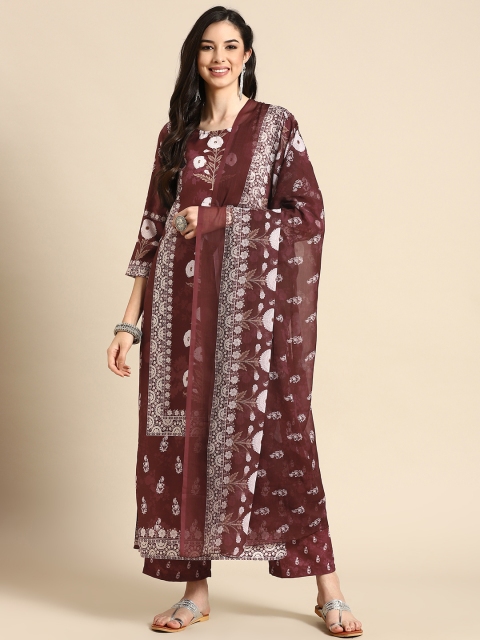 

Prakrti Women Burgundy Floral Printed Regular Kurta with Trousers & With Dupatta