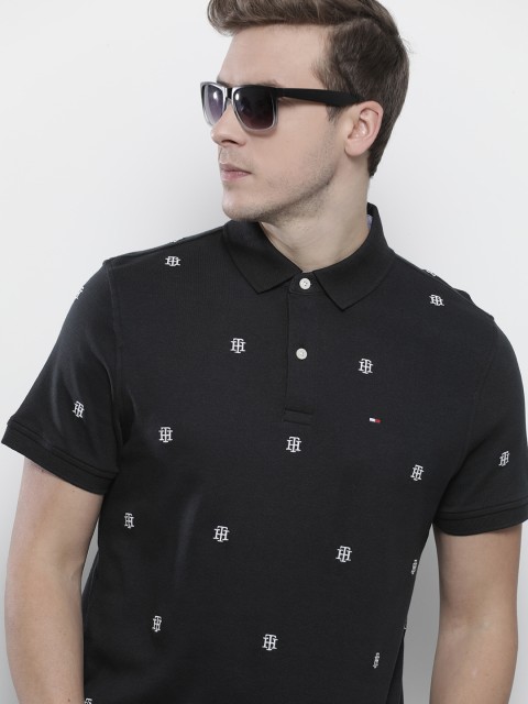 

Tommy Hilfiger Men Black & White Brand Logo Embroidered Polo Collar Pure Cotton T-shirt