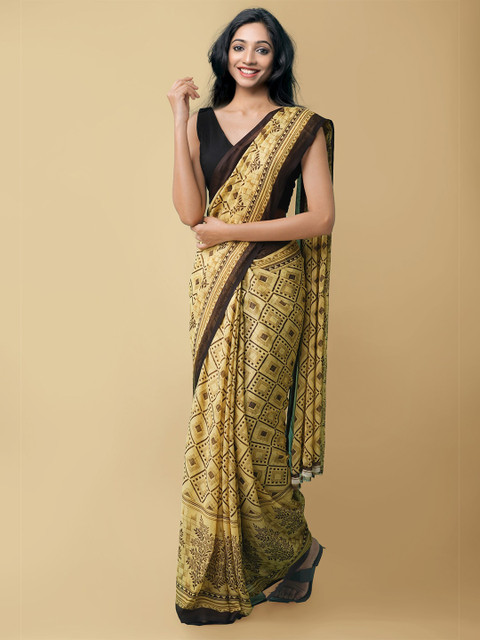 

Unnati Silks Brown & Cream-Coloured Block Print Saree