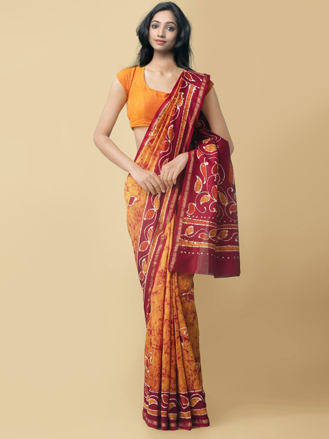 

Unnati Silks Orange & Maroon Batik Zari Silk Cotton Block Print Saree