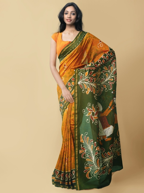 

Unnati Silks Orange & Green Batik Zari Silk Cotton Block Print Saree