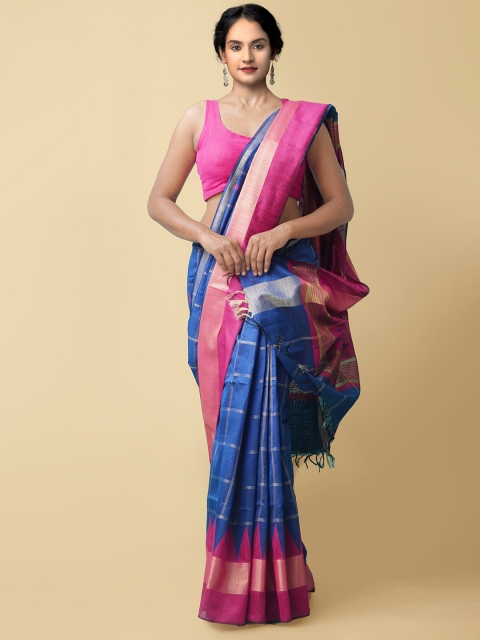 

Unnati Silks Blue & Pink Checked Zari Linen Blend Mysore Silk Saree