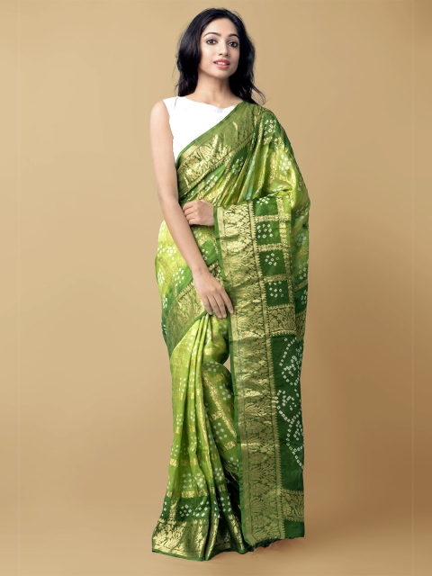 

Unnati Silks Green & Gold Bandhani Zari Silk Cotton Bandhani Saree