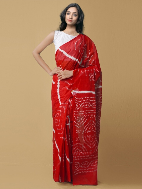 

Unnati Silks Red & White Bandhani Printed Pure Cotton Saree
