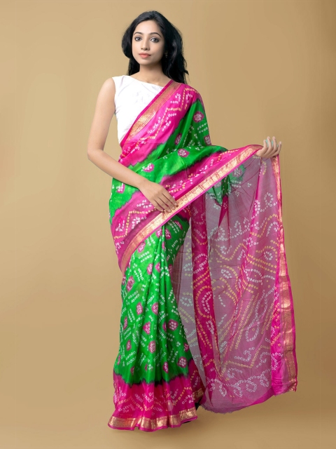 

Unnati Silks Green & Pink Bandhani Zari Pure Silk Bandhani Saree