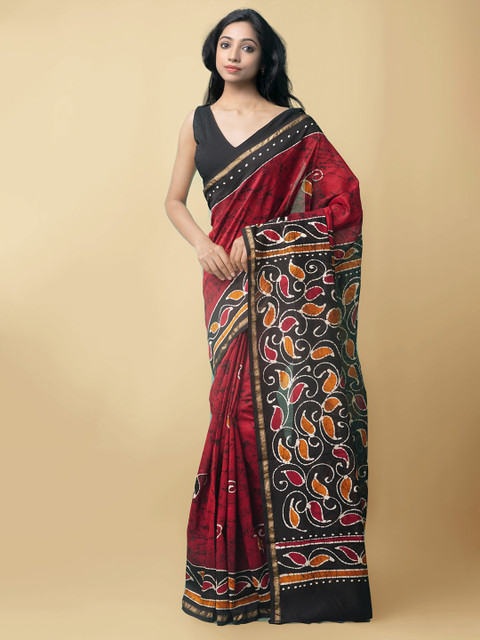 

Unnati Silks Red & Black Batik Zari Silk Cotton Block Print Saree