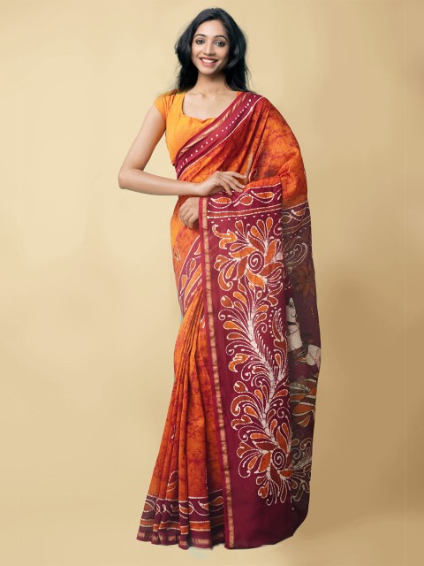 

Unnati Silks Orange & Maroon Batik Zari Silk Cotton Block Print Saree