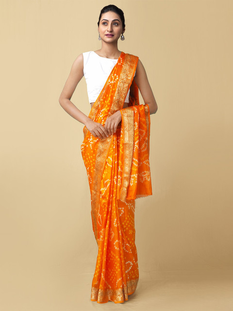 

Unnati Silks Orange & White Bandhani Printed Pure Cotton Saree